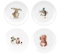 Royal Worcester x Wrendale Designs Set of 4 Assorted Coupe Plates with Charming Animal Designs by Hannah Dale, Fine Bone China White Plates, Suitable for Everyday Dining or Picnics, 20cm