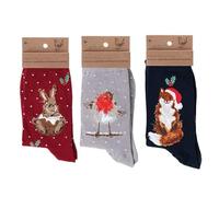 Wrendale Designs Festive Socks Hare Fox and Robin Set of 3 Pairs