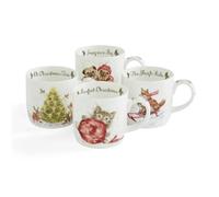 Wrendale Designs Fine China Christmas Mugs, 8x12 cm, Animal Illustrations, Festive Theme, Set of 4, Royal Worcester Collection, Kitchen and Dining
