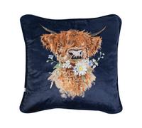 Wrendale Designs Luxury Highland Cow Velvet Cushion 40 X 40 Cm, Navy, Embroidered Animal Design