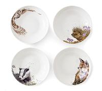 Wrendale Designs Royal Worcester 22 Centimetre Ceramic Pasta Bowl Hedgehog Badger Fox and Owl Set of 4, White