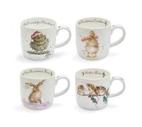 Wrendale Designs Royal Worcester Christmas Set of 4 Fine Bone China Mugs | Set of 4, Festive Animal Designs, Owl, Duck, Hare & Mice, Speckled Finish, Collectable Series