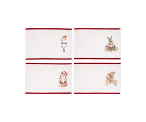 Wrendale Designs Set Of 4 Christmas Illustrated Fabric Placemats 30 X 45 Cm, Beige - Machine Washable