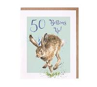 Wrendale Hare in Hat Happy 50th Birthday Card - Bottoms Up Party Animals Card