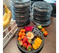 WRENYZK 10 Pcs Compartment Trays with Lids, Reusable Plastic Snack Tray with 100 Forks, 12.4 Inch Black Round Serving Platter with 6 Grids for Party Food Salad Candy