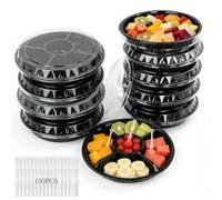 WRENYZK 10 Pcs Round Compartment Trays with Lids, Reusable Plastic Snack Tray with 100 Forks, 9.45Inch 5 Pack Compartment Trays and 5 Pack Black Serving Platters with 5 Grids, for Sushi Party Salad