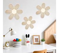 WRENYZK 3 Pcs Boho Wooden Daisy Flower Hanging Art, Rattan Daisies Wall Decor with 10 pcs Double Sided Adhesive Dots, Boho Nursery Flowers Wall Decor for Home Bedroom Office Farmhouse