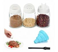 WRENYZK 3pcs Glass Spice Jars with Double Lids - Salt & Pepper Shakers Set + Cleaning Brush & Folding Funnel for Kitchen, Camping, Barbecue, Outdoor & Bento Box