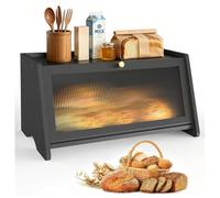 WRENYZK Bamboo Bread Bin, Black Bread Bins for the Kitchen, Bread Box Wooden, Large Breadbin with Back Clear Window and Air Vents for Countertop, Multifunctional Storage, 40x25x20cm