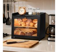 WRENYZK Double Decker Bamboo Bread Bin, Large Black Bread Storage Box for the Kitchen, 2-Layer Bread Container with Clear Glass Window Door for Croissants and Other Breads (39 x 24.5 x 32.8 cm)