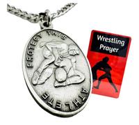 Wrestling Medal Pewter Saint Sebastian Medallion Stainless Steel Chain Boxed Set with Laminated Wrestlers Prayer Holy Card