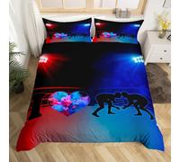 Wrestling Sports Duvet Cover Set Double Size, Wrestler Fighting Gaming Bedding Set 3pcs for Kids Boys Girl Room Decor, Red and Blue Comforter Cover Soft Polyester Quilt Cover with 2 Pillowcases