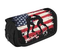 Wrestling U.S. Flag Portable Pen Case Double Layered Large Capacity Exquisite Pencil Case for Officce