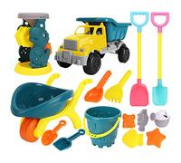 WREWING 15PCS Beach Sand Toys for Kids Sand Castle Building Kit with Bucket Shovels Rake Truck Molds Soft Plastic Outdoor Play Set for Ages 3-6 Boys Girls