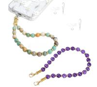 WREWING 2 Pcs Marble Beaded Phone Wrist Strap, Detachable Adjustable Phone Lanyard for Women, Universal, Mobile Grip Charm Anti-Drop Tether（Colorful, Purple）