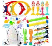 WREWING 24 Pcs Diving Pool Toys Sinkers with Storage Bag, Summer Swimming Toys with Diving Mermaids, Dive Sticks, Diving Rings, Diving Seagrass, Torpedo Bandits for Kids