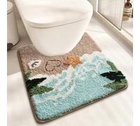WREWING Beach-Themed U-Shaped Toilet Mat, Coastal Non-Slip Bath Rug with Wave Design & Footprints, Soft Absorbent Microfiber Floor Mat for Toilet Base, Machine Washable Bathroom Decor 22x20 Inch