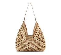 WREWING Bohemian Straw Beach Bag for Women & Girls - Handwoven Summer Tote with Shoulder Strap - Vintage Foldable Crochet Purse for Travel, Shopping & Seaside Outings
