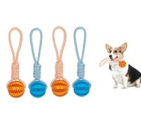WREWING Dog Chew Toys with Rope - Silicone Dental Ball for Aggressive Chewers, Puppy Teething Aid & Treat Dispenser (4 Pack Blue & Orange)