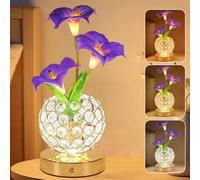 WREWING Flower Table Lamp with Vase - 3 Color Changing Touch Control LED Night Light, Rechargeable Crystal Morning Glory Lamp, Stepless Dimming Romantic Decor for Bedroom, Date Night, Party & Home