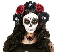 WREWING Halloween Gothic Headband & Necklace Set for Women - Red Black Rose Flower Skull Hair Accessories, Day of The Dead Party Supplies