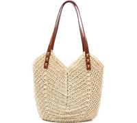 WREWING Premium Straw Beach Tote Bag for Women - Handwoven Summer Bag with Leather Handles - Retro Style Woven Shoulder Bag for Vacation, Shopping & Daily Use