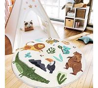 WREWING Round Rug 3.3ft, Cute Animals Large Non Slip Super Soft Plush Area Rug for Kids Room Playroom Nursery Bedroom, Educational Washable Circular Floor Mat for Home Room Decorative (Zoo)