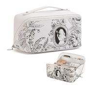 WREWING Travel Makeup Bag，Flower Wide Open Cosmetic Bag，Makeup Organizer with Dividers and Handle，Large Capacity Waterproof Toiletry Bags，Portable Cosmetic Storage Bag Sweet Gift for Mother Girl Lady,