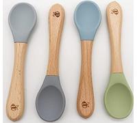 Wriggle & Giggle | Baby Weaning Spoon | Toddler Feeding Spoon | Silicone & Wood | 4 Pack (Grey/Green/Blue)