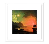 Wright Derby Volcano Vesuvius Posillipo Painting 8X8 Inch Square Wooden Framed Wall Art Print Picture with Mount Artery8 White One Size