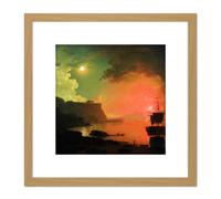 Wright Derby Volcano Vesuvius Posillipo Painting 8X8 Inch Square Wooden Framed Wall Art Print Picture with Mount Artery8 Light Oak One Size