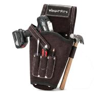 WrightFits Leather Drill Holster for Tool Belt, Heavy Duty Cowhide Drill Holder with Safety Strap & Multi Drill Bit Pockets for Electricians, Carpenters, Builders & DIY