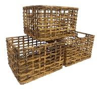 Handmade Abaca Wicker Basket Set of 3 - Open Weave Milk Crate Design for Organizing Bookshelf, Pantry & Cubbies - 12x10x8 Baskets, Woven Abaca Bin, Rustic, Decorative Home and Kitchen Storage