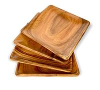WRIGHTMART Set of 4 Acacia Wood Plates, 8 Inch Square Salad Plates, Solid Single-Piece Wood, Wooden Side Plates for Meals, Small Dinner Plates for Food