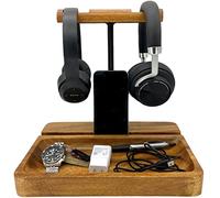 WRIGHTMART Wooden Headphone Stand, Universal Dual Headset Holder, Desktop Earphone Hanger, Cell Phone Tablet Slot, Décor for a Busy Office Workspace, Large Catch All Base Tray Acacia Wood