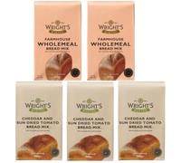 Wright's Farmhouse Wholemeal 2X500g & Cheddar & Sundried Tomato 3X500g Bread Mix Packs | Bread Flour for Handmade & Machine Baking - Makes Rustic Rolls, Loaves & Pizza Bases