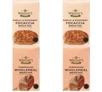 Wright's Farmhouse Wholemeal 2X500g & Garlic Rosemary Focaccia 2X500g Bread Mix Easy Bake Artisan Bread for Bread Maker & Oven - Homemade Pizza Dough, Rolls & Loaves - Vegetarian