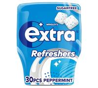 Wrigley's Extra Refreshers Peppermint Sugar Free Chewing Gum Bottle, 30 Cubes - Fresh Breath Mint Gum - Air Travel Essentials, Festival Accessories, Summer Holiday & Road Trip Snacks