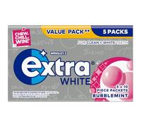 Wrigley's Extra White Bubblemint Sugar Free Chewing Gum Multipack, 5 x 10 Pieces - Teeth Whitening Bubblegum Mint - Air Travel Essentials, Festival Accessories & Road Trip Snacks