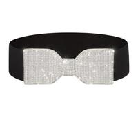 Wriidy Rhinestone Elastic Belt Silver Bow Tie Crystal Wide Stretch Belts Women Sparkly Waist Belts for Dress, Black, M:Fit waist 31-40 inches