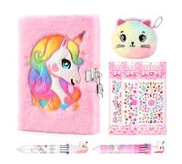 Wriligel Secret Diary for Girls 7-Piece Set, Fluffy Notebook with 80 Lined Sheets, Plush Cover Girls Diary, Kids Journal with Coin Purse Pens Sticker Sheets, Ages 14+
