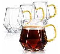 WRINGKIT Glass Coffee Mugs 300ml with Handle, Set of 4 Clear Latte Glasses | Diamond Shape Espresso Liquor Drinking Cups for Hot and Cold Beverages, Tea, Latte, Cappuccino, Juice, Milk, Lightweight