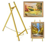 WRINGKIT Gold Metal Easel Stand, 16" Large Picture Art Stand, Tripod Mirror Plate Stand Holder, Freestanding Tabletop Easel Stand for Wedding Sign, Display Photo, Collectibles