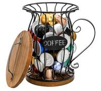 WRINGKIT Rustic Coffee Pod Holder with Lid, K Cup Pods Holder for Counter, Small Cute Black Wire Coffee Pod Filter Storage Basket for Espresso Capsule, Wooden Base, Hold 12 Coffee Pods
