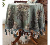 Wrinkle-Free Cotton Linen Tablecloth with Tassel Border Blue 63" Round Dining Table Cover for Elegant Home Decor and Special Events