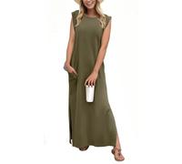 Wrinkle Free Dress for Women, Wrinkle Free Summer Dresses, Round Neck Casual Loose Split Wrinkle-Free Maxi Dress, Shirt Dresses Elegant Styles Basic Sleeveless Long Beach Dress with Pocket(Army Green,