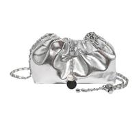 Wrinkle Metallic Chain Bucket Bag Women PU Leather Crossbody | Drawstring Shoulder Handbag Pearl Charm Sling Bags Adjustable Strap Lightweight