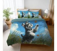 Wrinkle Resistant Blue Green Illustration Duvet Cover Set Tranquil Park Puppy Fade Resistant Premium Pillowcase 2 Included Microfiber For kids girls teens and adults room Comforter Cover 115"x93"