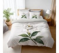 Wrinkle Resistant Green White Illustration Duvet Cover Set Delicate Soft Flowers All Season Premium 2 Pillowcases Included Microfiber For Kids Children Teens Boys Girls Comforter Cover 90"x87"
