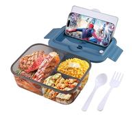 Wrischan 1400ml Bento Lunch Box with Spoon Fork and 3 Compartments, Microwave and Dishwasher Safe, Leak Proof Packed Lunch Box for Adults Kids (PP Material, Blue)